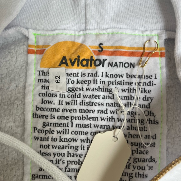 - - NWT Aviator Nation 5 Stripe  Hoodie Sweatshirt White w/ zip pockets Small - Picture 4 of 4